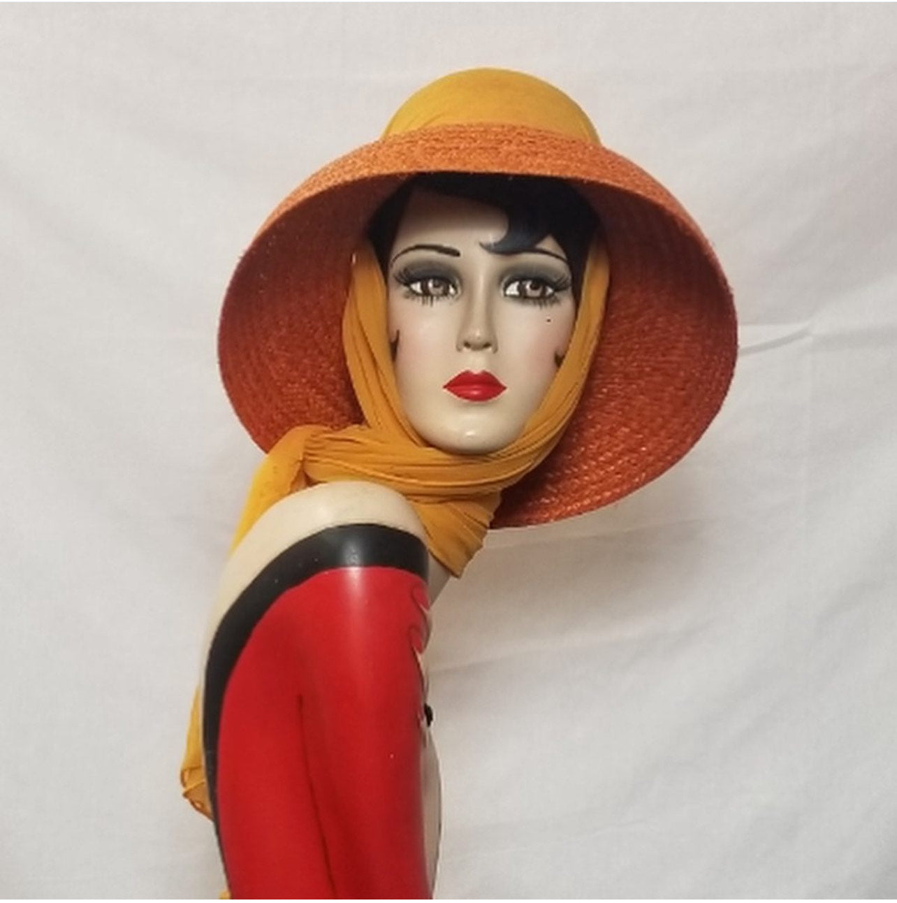 SOLD! 1950 1960 Tangerine Orange Straw Hat with Matching Chiffon Scarf So Summer