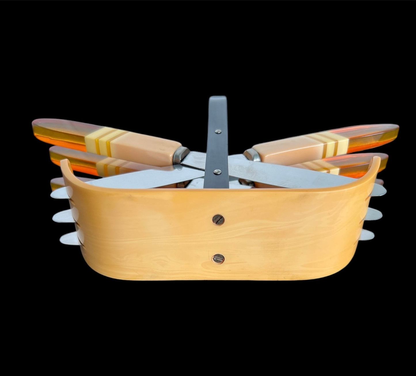 SOLD! 1920 1930 Vintage Antique ART DECO Two Tone Bakelite Fruit Knife Set & Stand