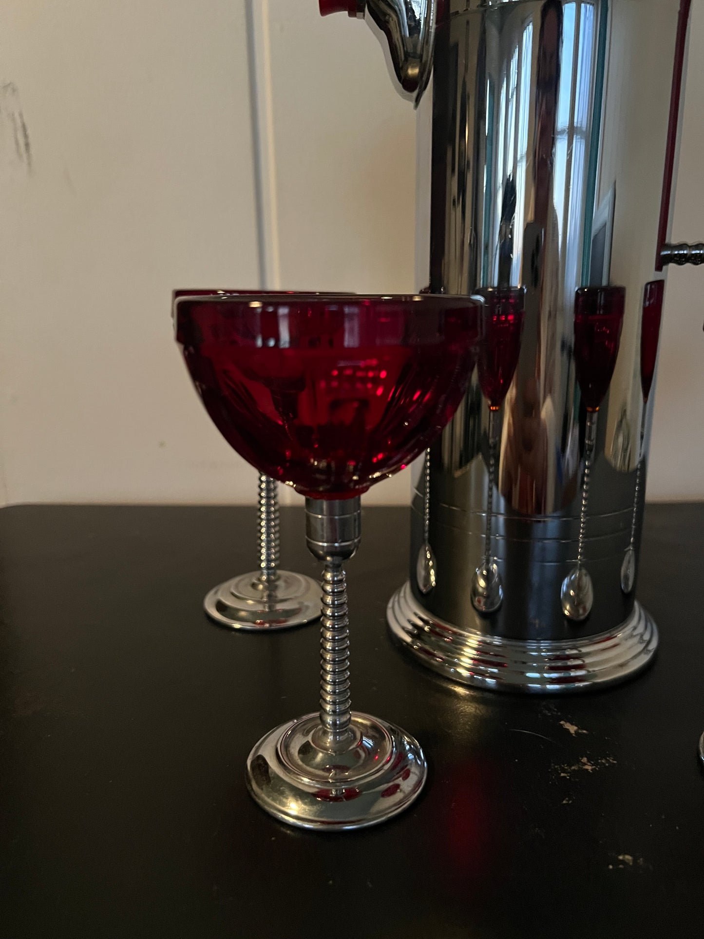 SOLD! 1930's Vintage Art Deco Bakelite Chrome Cocktail Shaker & Ruby Red Martini Glasses Perfect