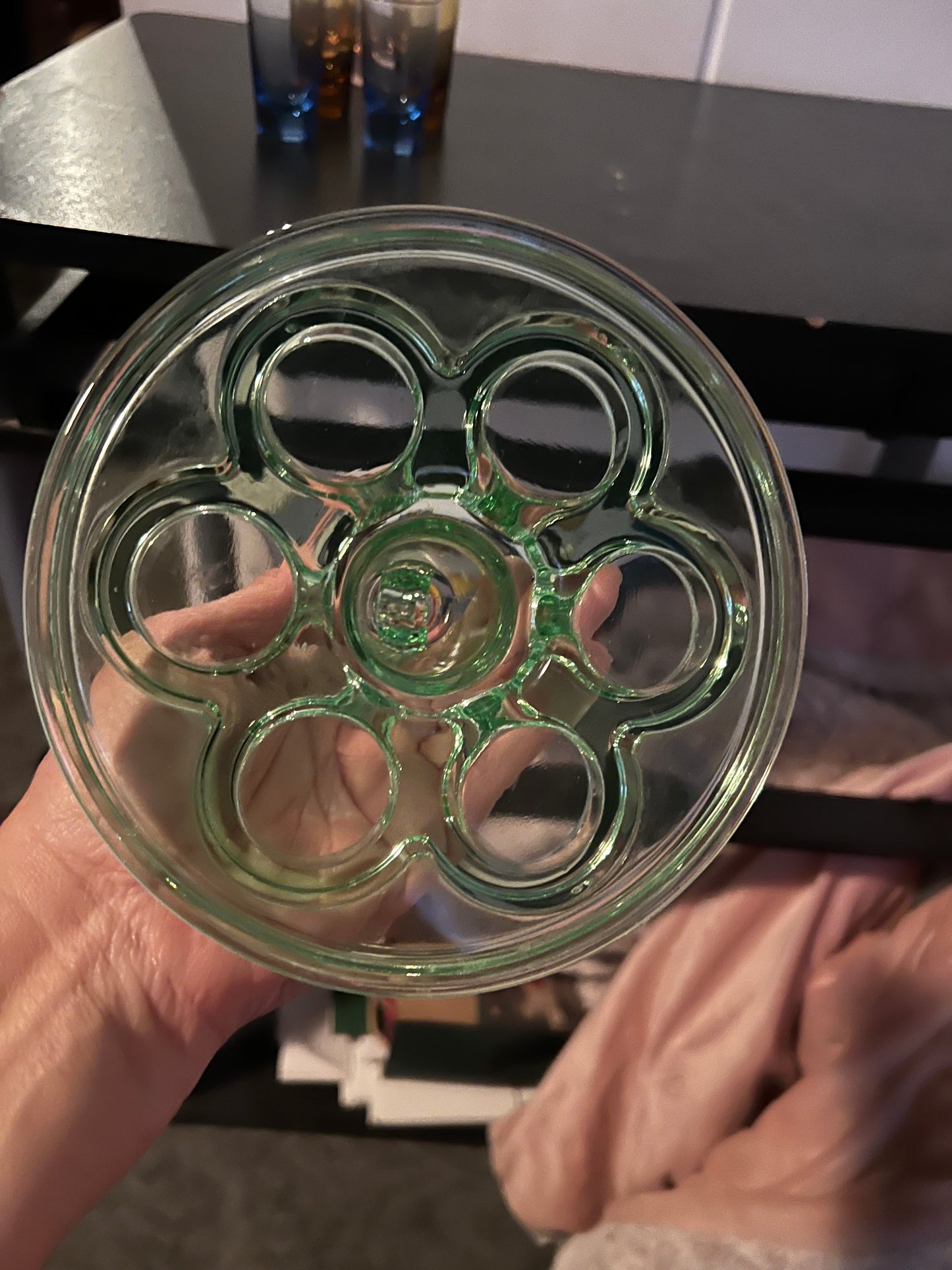 SOLD! 1930's Vintage Art Deco Uranium Vaseline Depression Glass Caddy with Shot Glasses