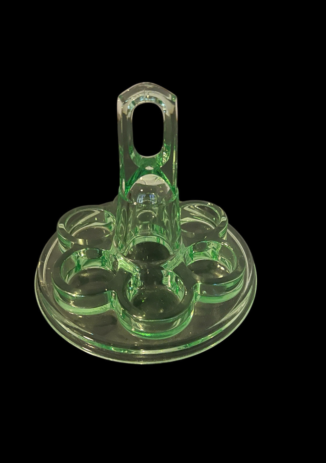 SOLD! 1930's Vintage Art Deco Uranium Vaseline Depression Glass Caddy with Shot Glasses