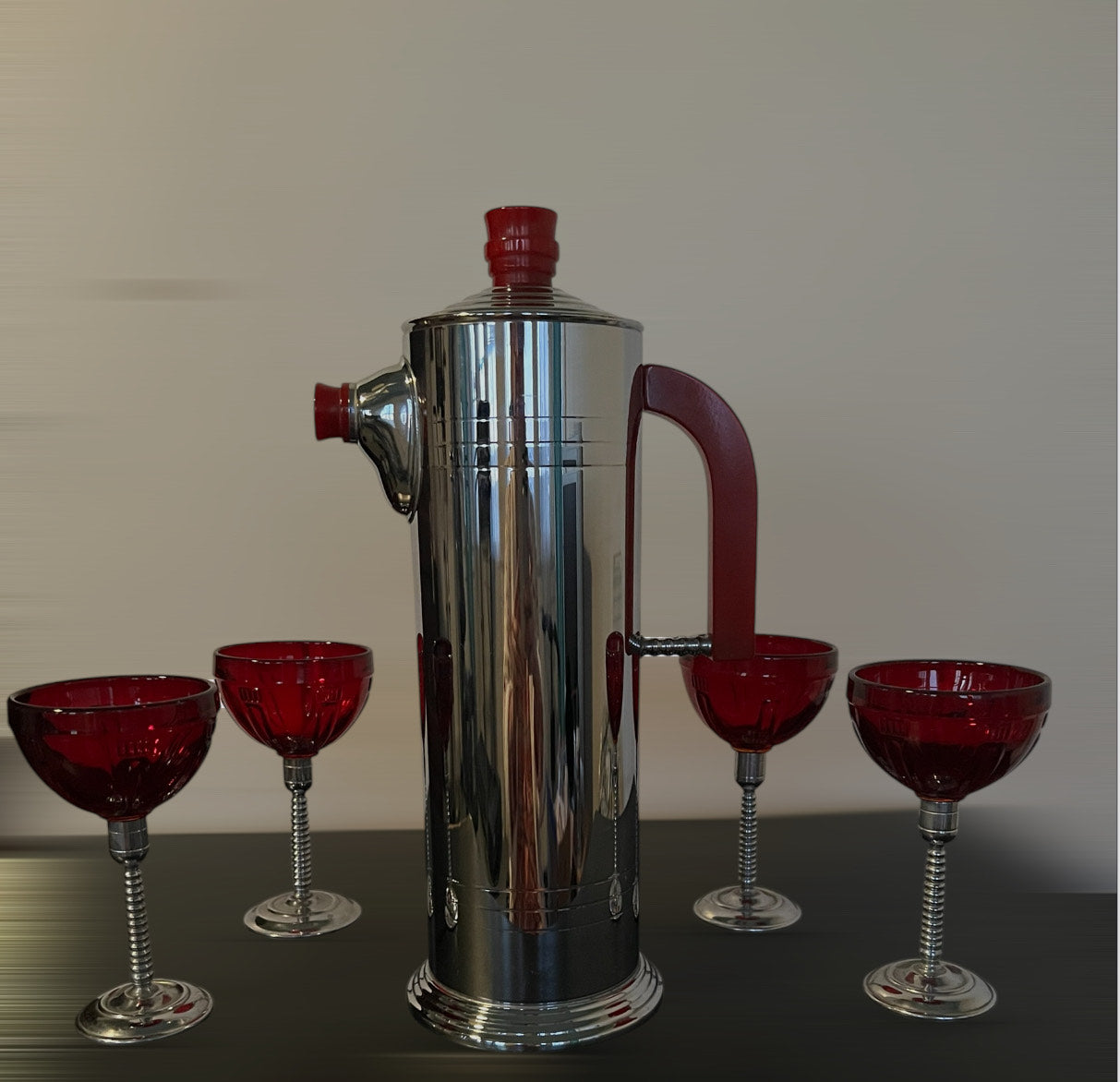 SOLD! 1930's Vintage Art Deco Bakelite Chrome Cocktail Shaker & Ruby Red Martini Glasses Perfect