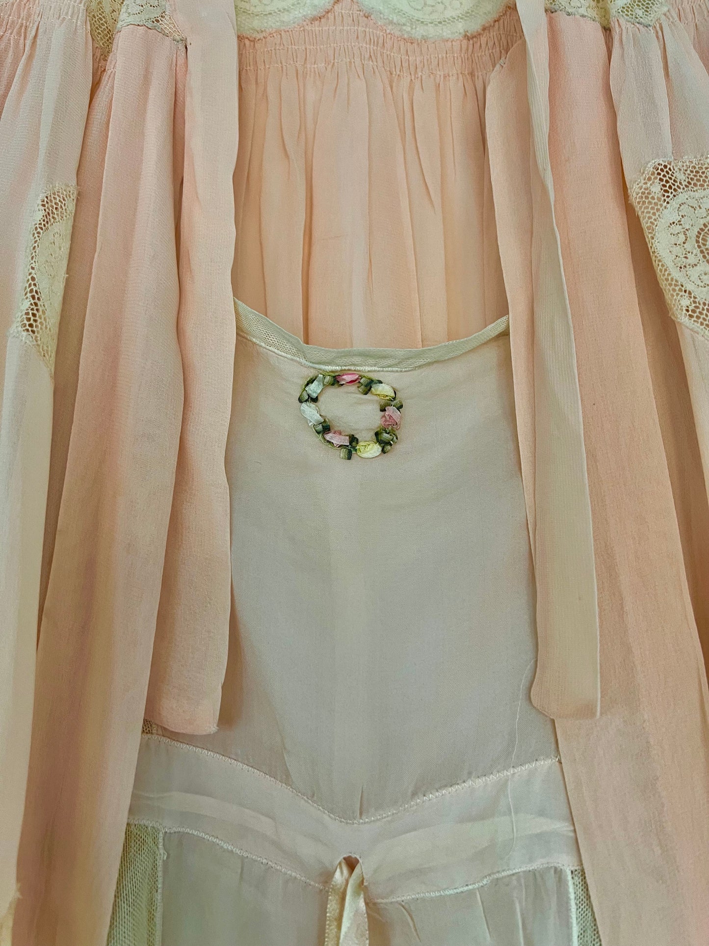 1920's Two Piece Soft Pink Chiffon and Lace Lingerie with Added Bed Jacket