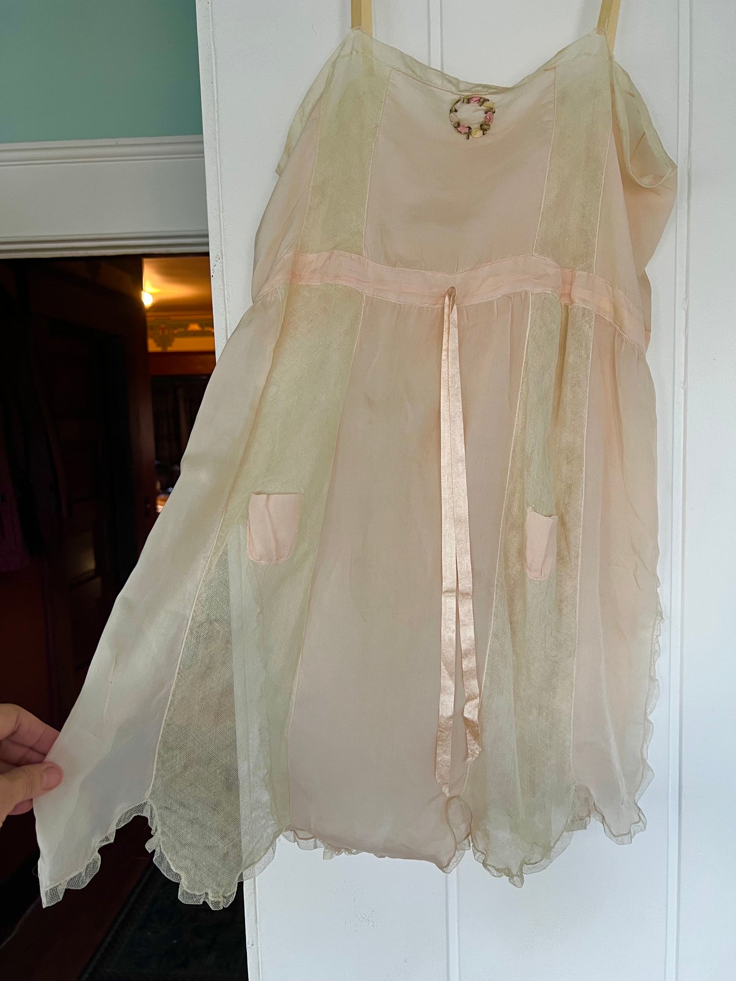 1920's Two Piece Soft Pink Chiffon and Lace Lingerie with Added Bed Jacket