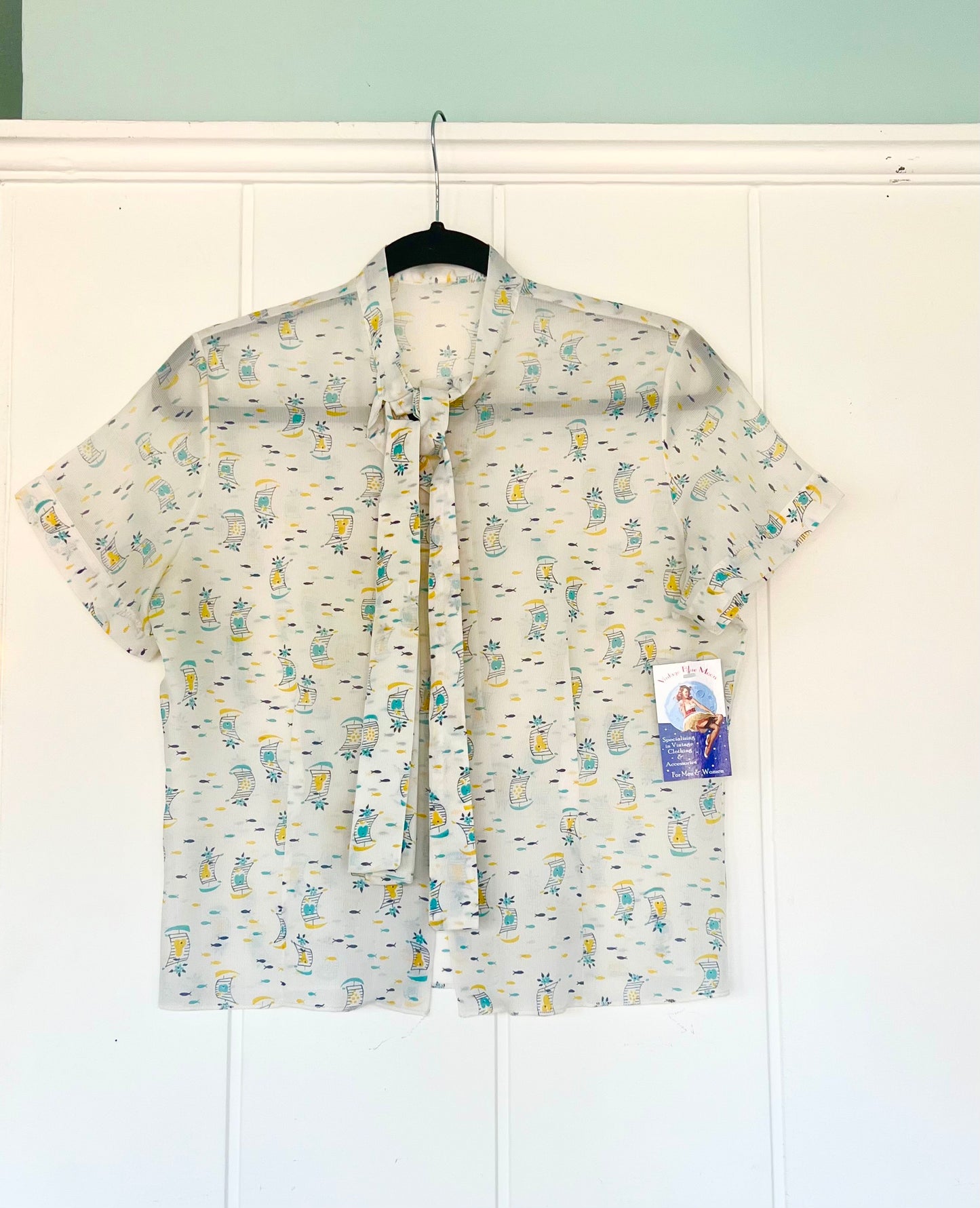 1950's Vintage White with Sail Boat Print Summer Nylon & Rayon Blouse Great Condition