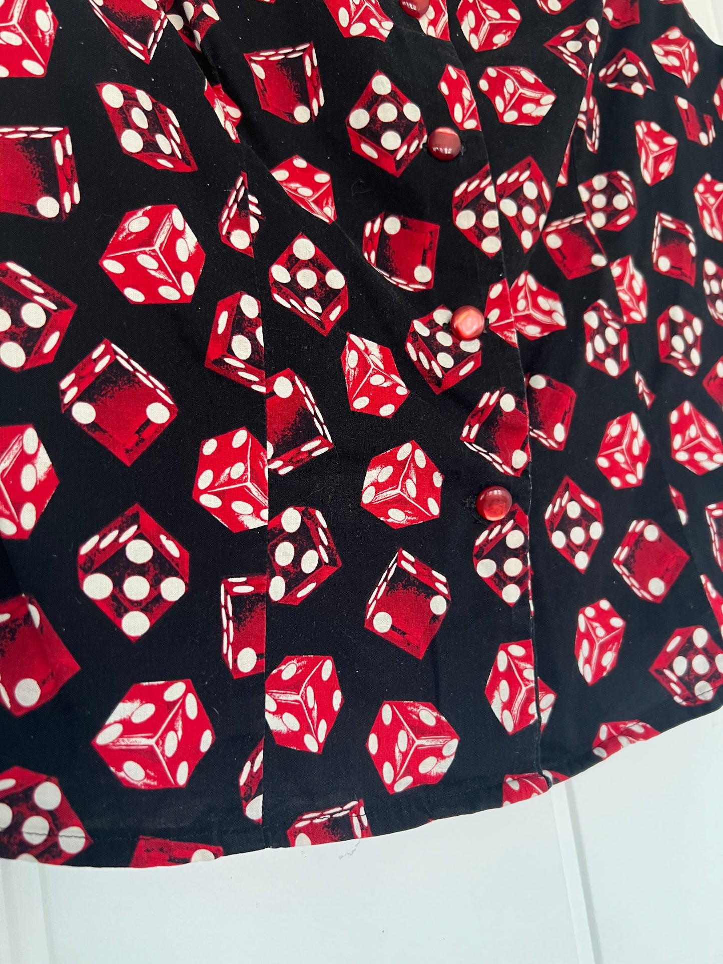JUST ARRIVED! 1950's Vintage Black Cotton Blouse with Red Dice Design Very VLV