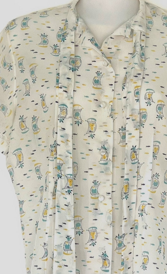 1950's Vintage White with Sail Boat Print Summer Nylon & Rayon Blouse Great Condition