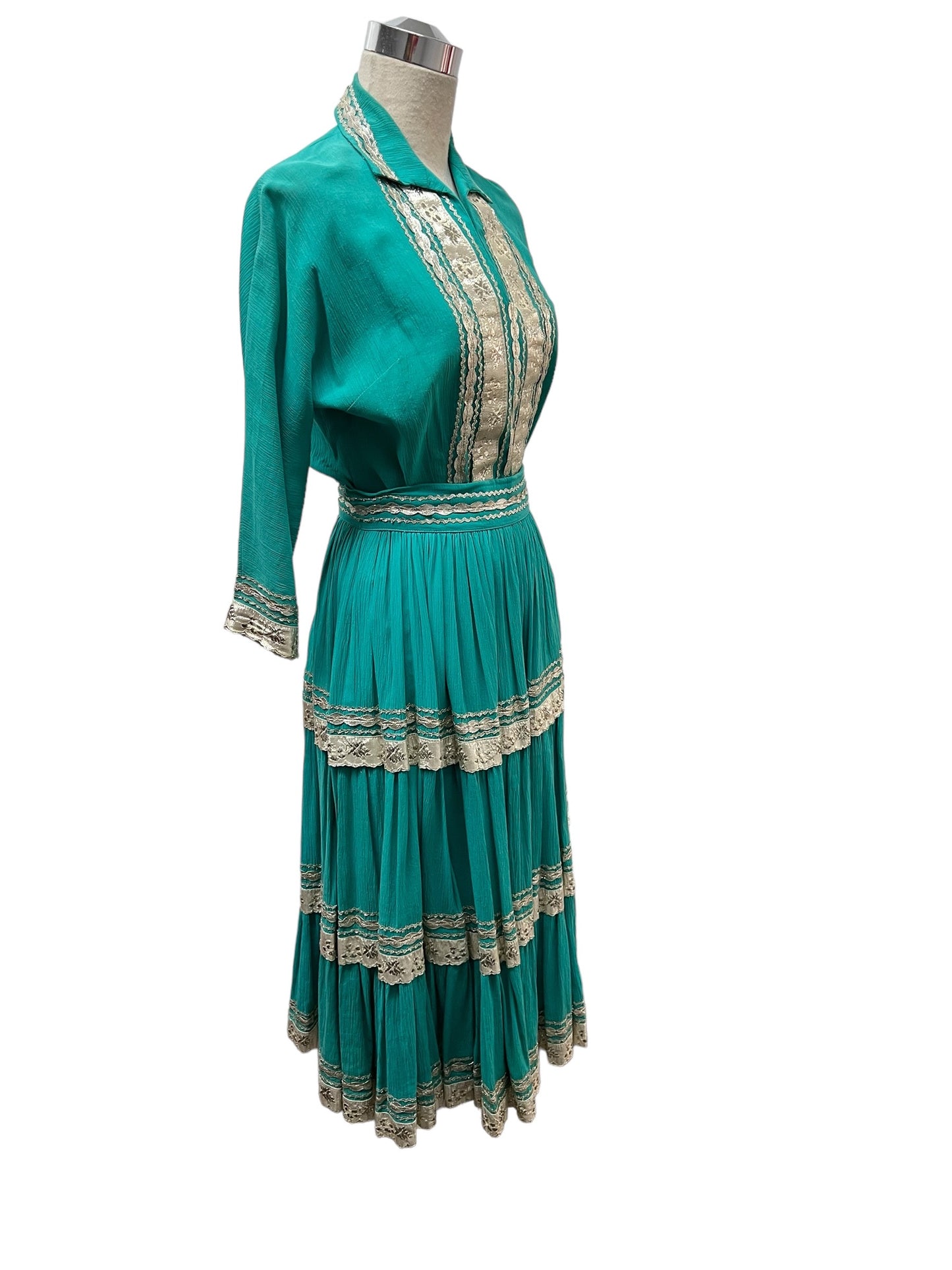 SOLD! 1940's 1950's Vintage Teal Blue and Silver Patio Skirt and Blouse Set