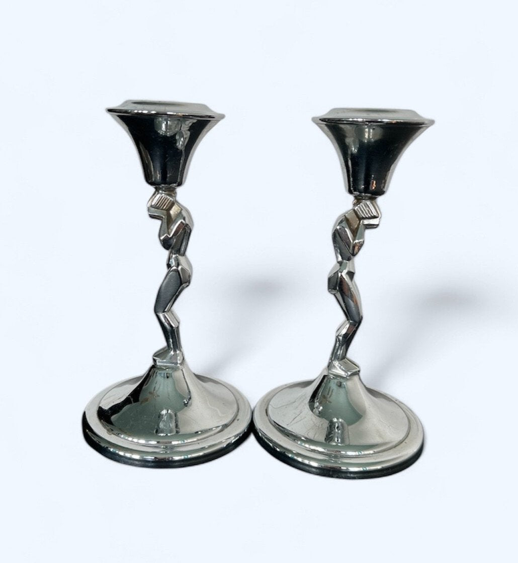 SOLD! 1930 Rare Art Deco Pair of Chrome Weeping Woman Antique Farber Ware Candle Holders