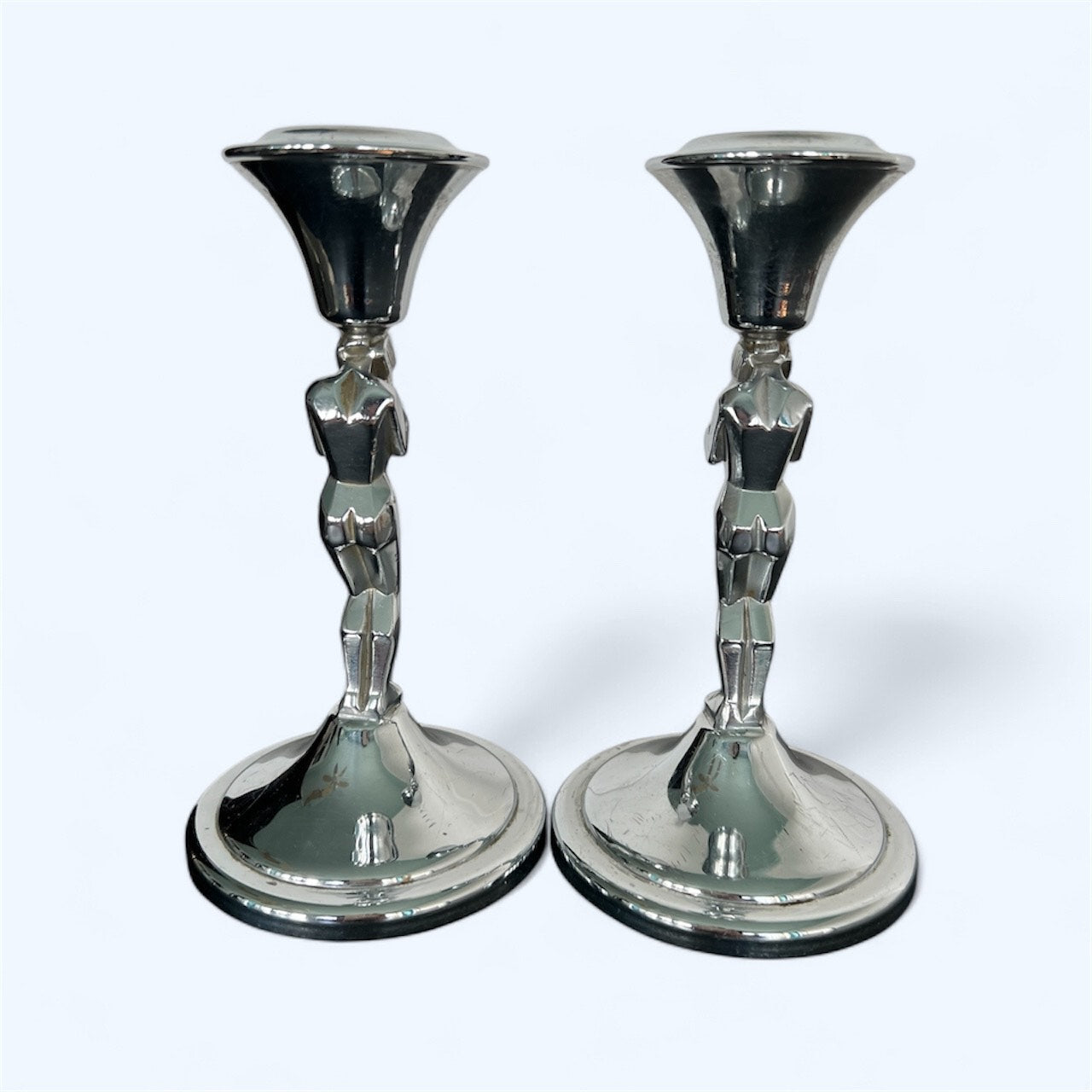 SOLD! 1930 Rare Art Deco Pair of Chrome Weeping Woman Antique Farber Ware Candle Holders