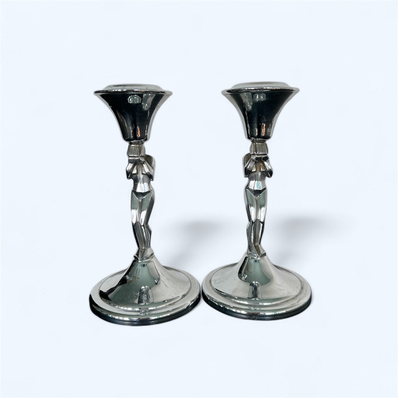 SOLD! 1930 Rare Art Deco Pair of Chrome Weeping Woman Antique Farber Ware Candle Holders