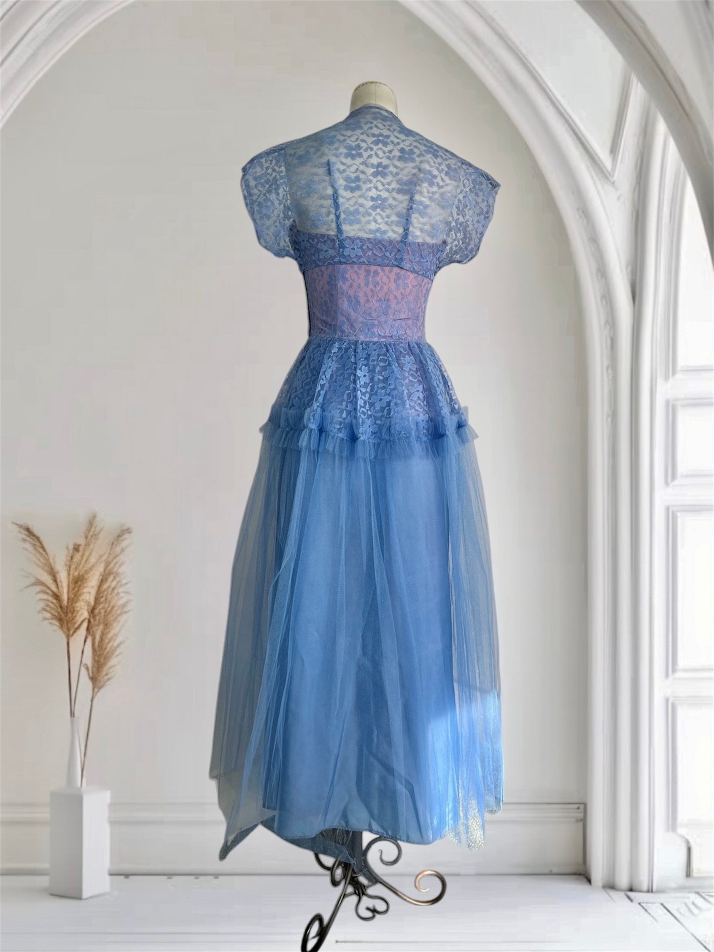SOLD! 1950's Vintage Blue Periwinkle Tulle and Lace Party Prom Dress with Matching Bolero Cup Cake
