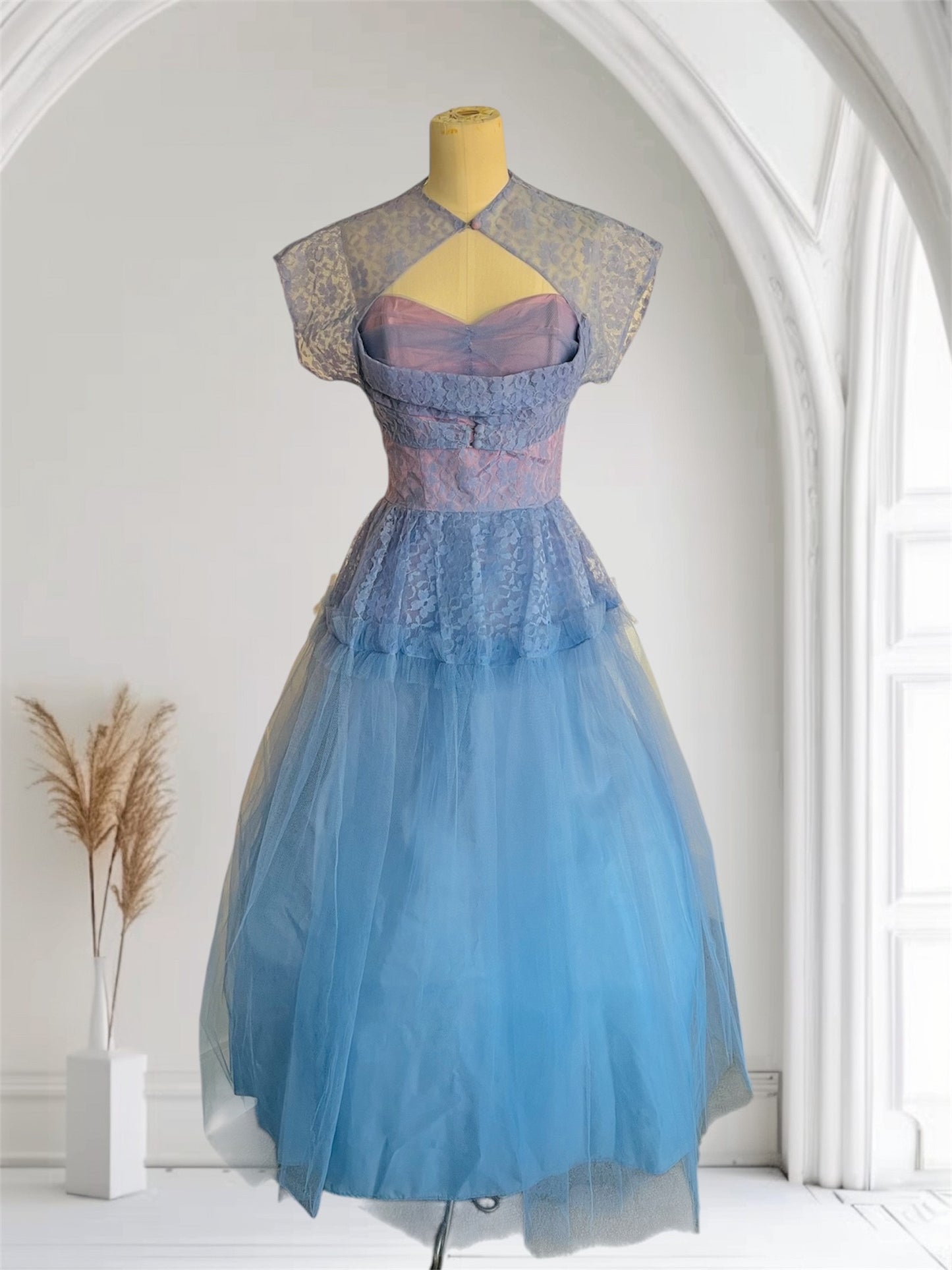 SOLD! 1950's Vintage Blue Periwinkle Tulle and Lace Party Prom Dress with Matching Bolero Cup Cake