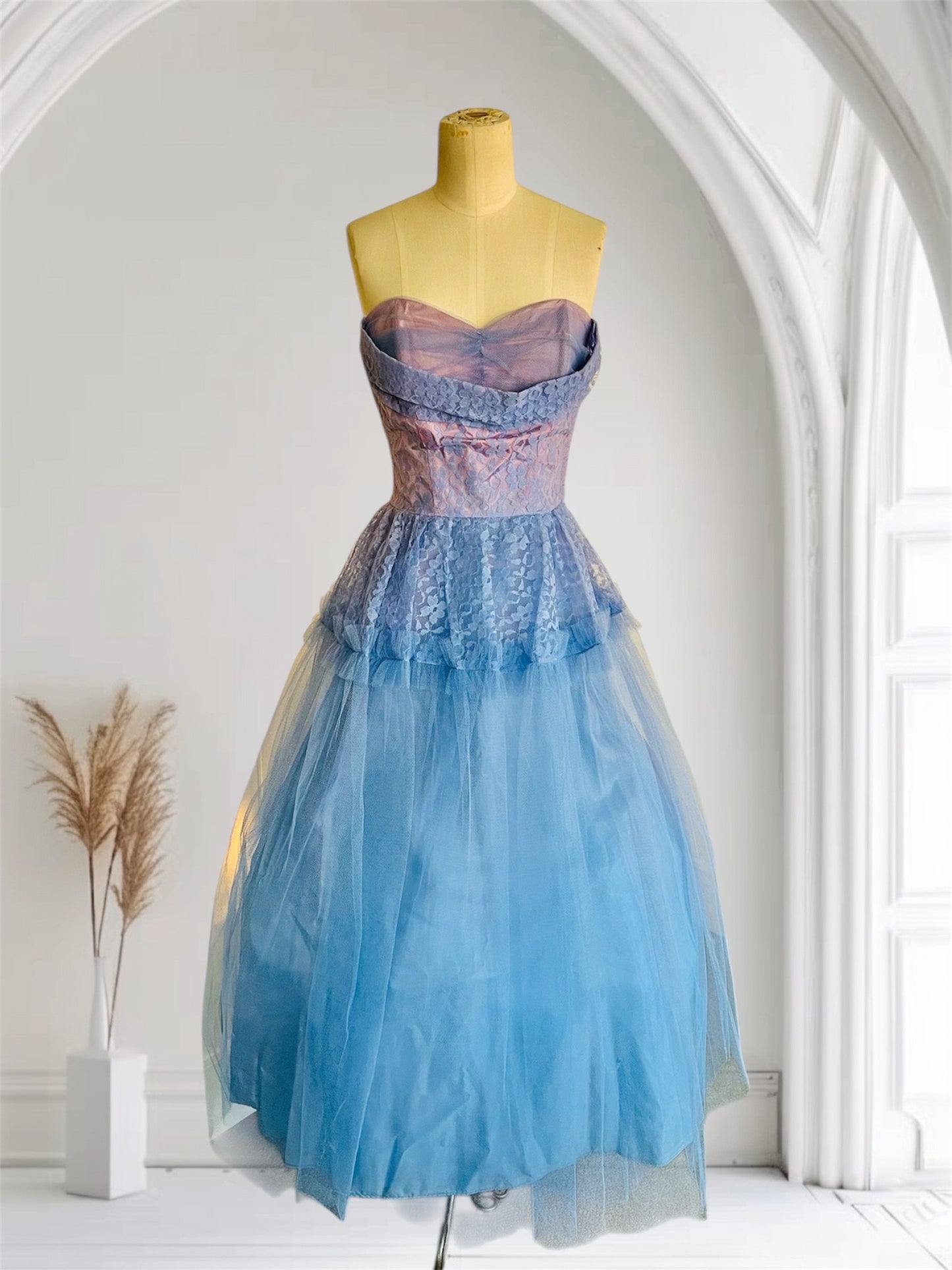 SOLD! 1950's Vintage Blue Periwinkle Tulle and Lace Party Prom Dress with Matching Bolero Cup Cake