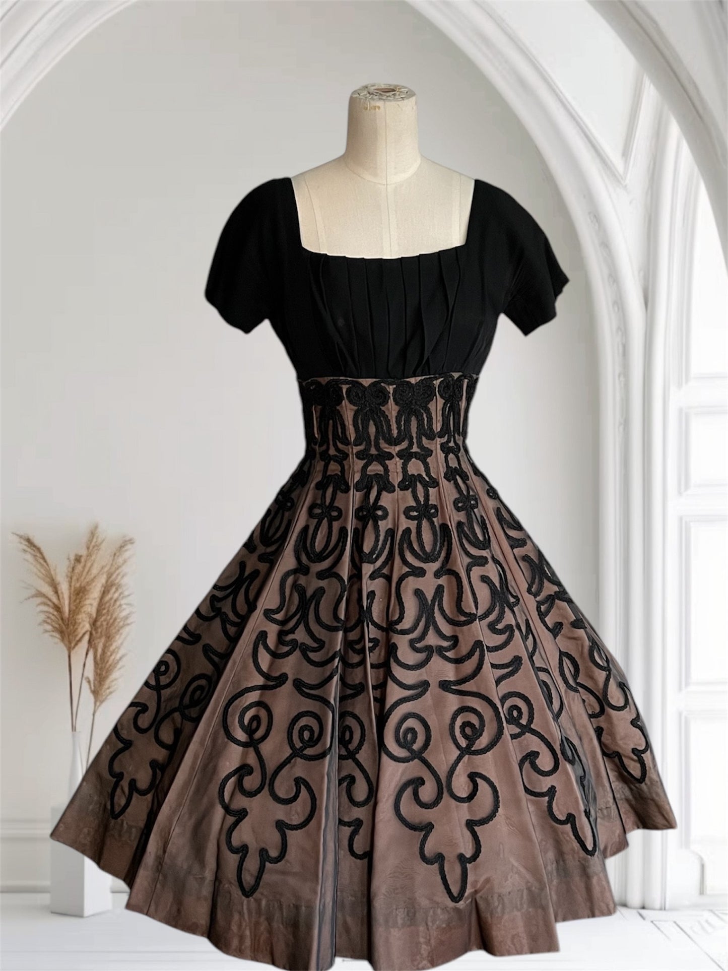 SOLD! 1950's Vintage Black Sheer and Crepe Shelf Bust Evening Full Skirt Cocktail Dress Gorgeous