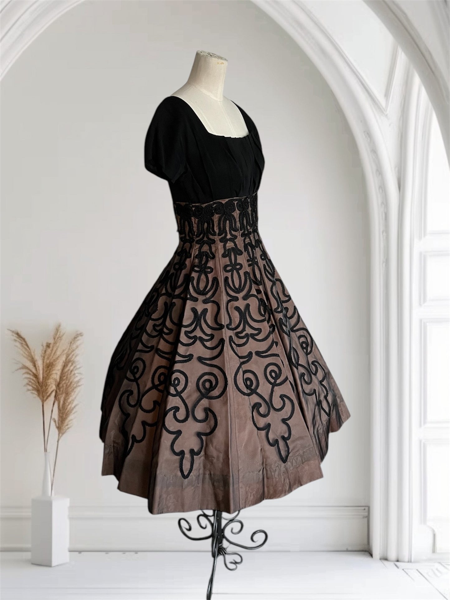 SOLD! 1950's Vintage Black Sheer and Crepe Shelf Bust Evening Full Skirt Cocktail Dress Gorgeous