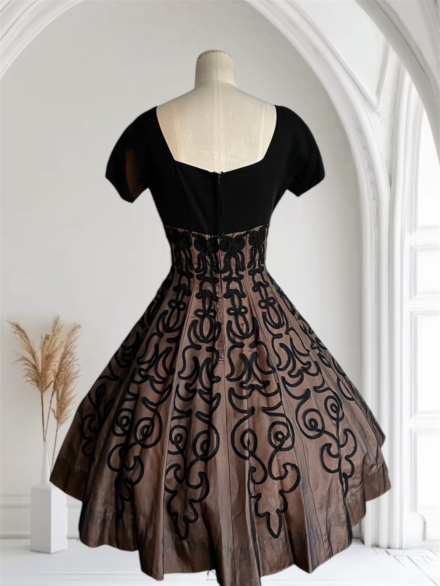 SOLD! 1950's Vintage Black Sheer and Crepe Shelf Bust Evening Full Skirt Cocktail Dress Gorgeous
