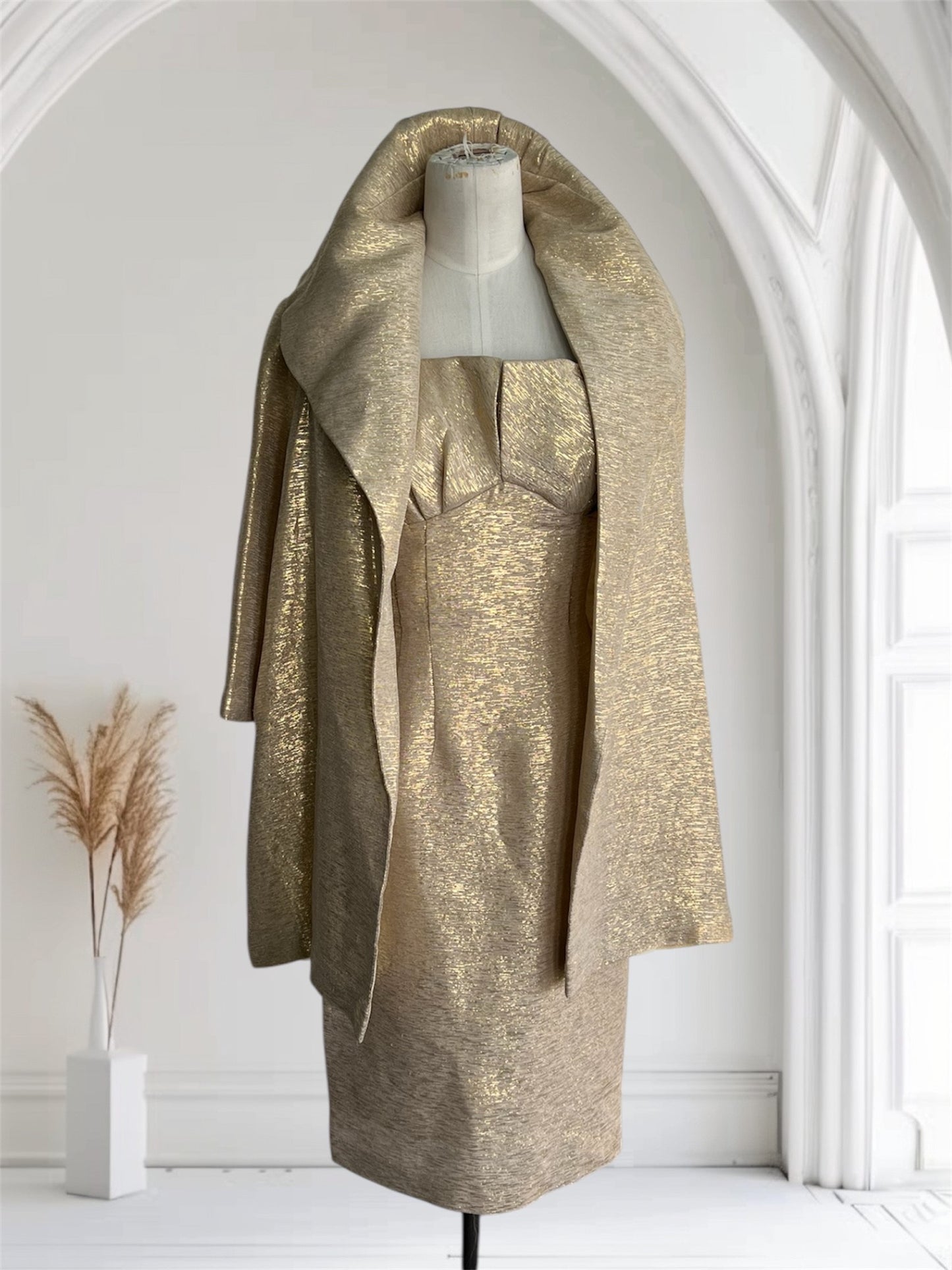 SOLD! 1950 Vintage Gold Lame 2 Pc Evening Cocktail Wiggle Dress and Matching Swing Coat