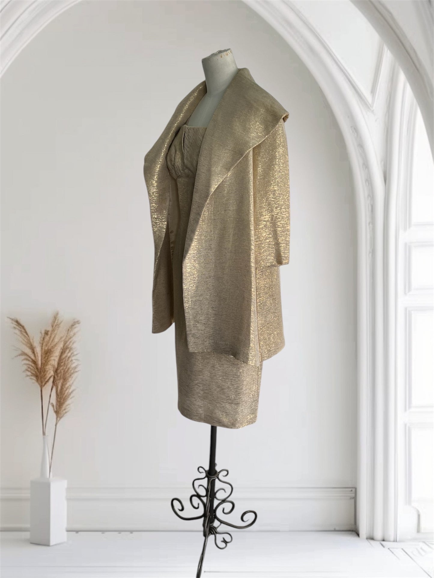 SOLD! 1950 Vintage Gold Lame 2 Pc Evening Cocktail Wiggle Dress and Matching Swing Coat
