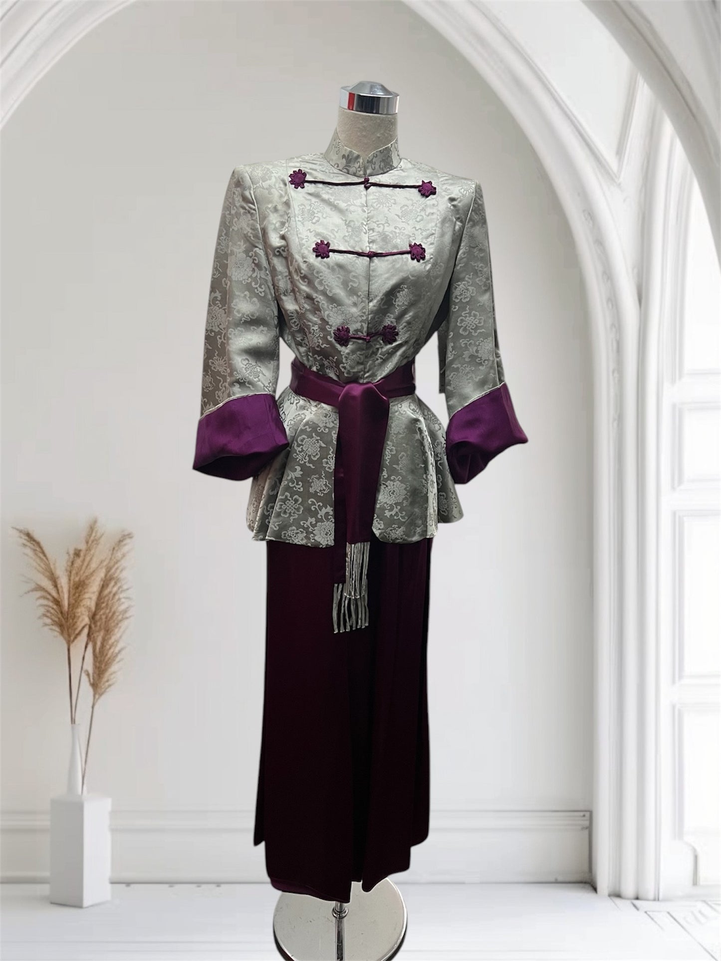 SOLD! 1940's Two Piece Lounge Silk Satin Set Full Peplum Jacket and Wide Leg Palazzo Pants