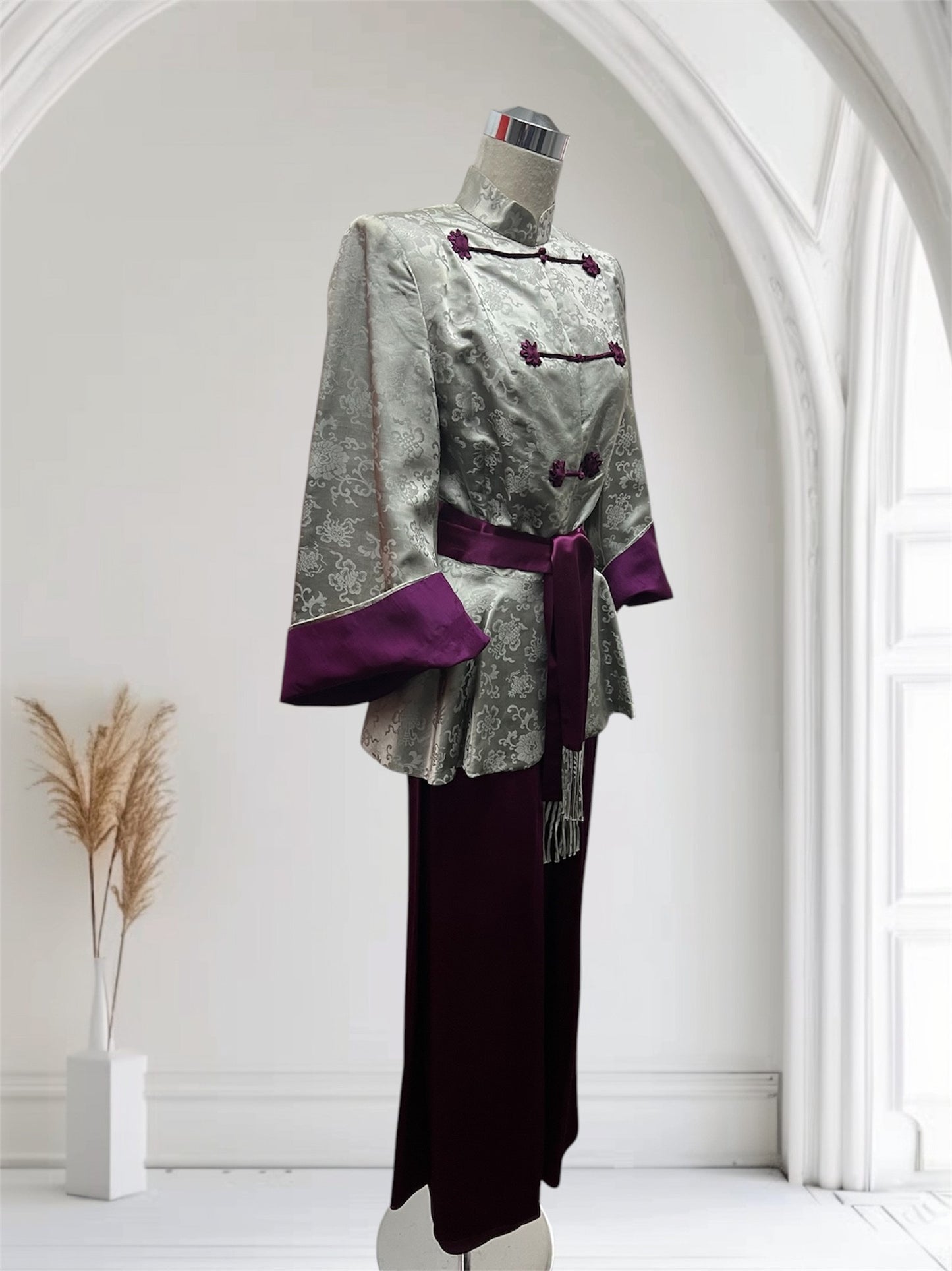 SOLD! 1940's Two Piece Lounge Silk Satin Set Full Peplum Jacket and Wide Leg Palazzo Pants