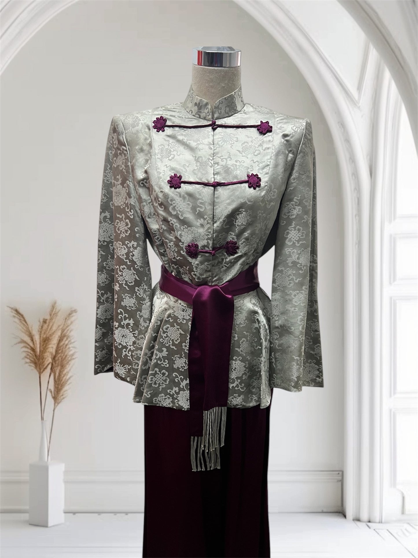 SOLD! 1940's Two Piece Lounge Silk Satin Set Full Peplum Jacket and Wide Leg Palazzo Pants