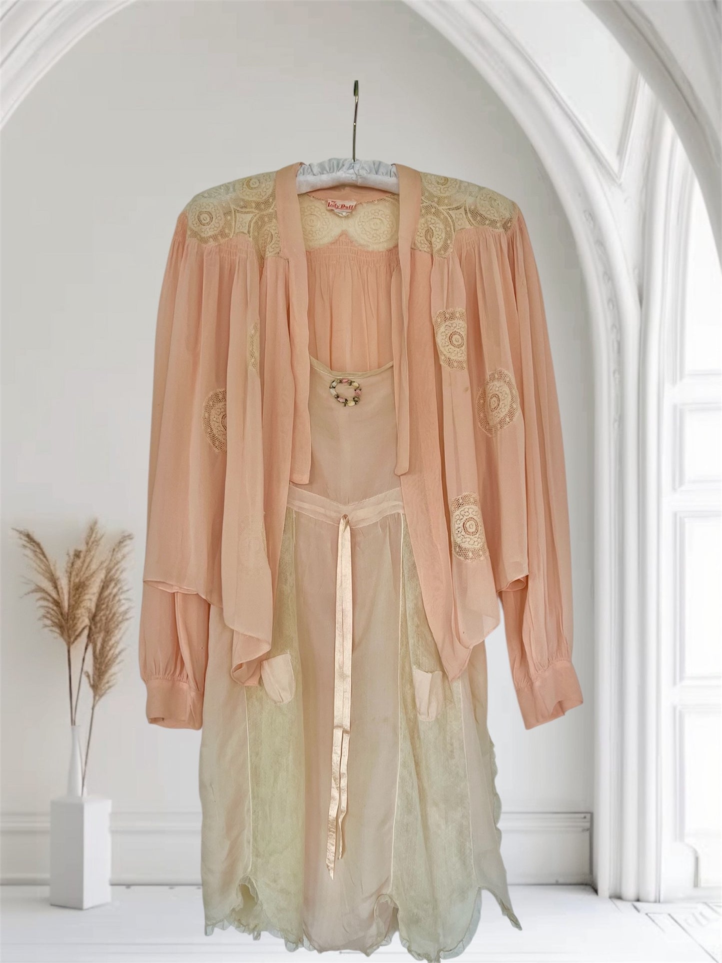 1920's Two Piece Soft Pink Chiffon and Lace Lingerie with Added Bed Jacket