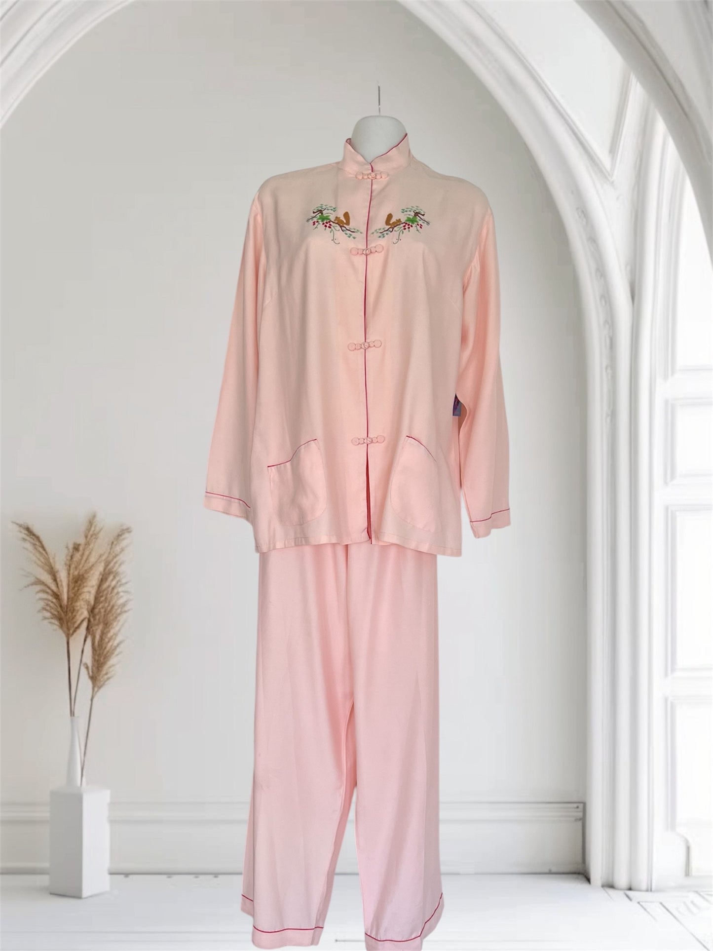 SOLD! 1940's 1950's Rare Vintage Soft Pink Embroidered Silky Lounging PJ's