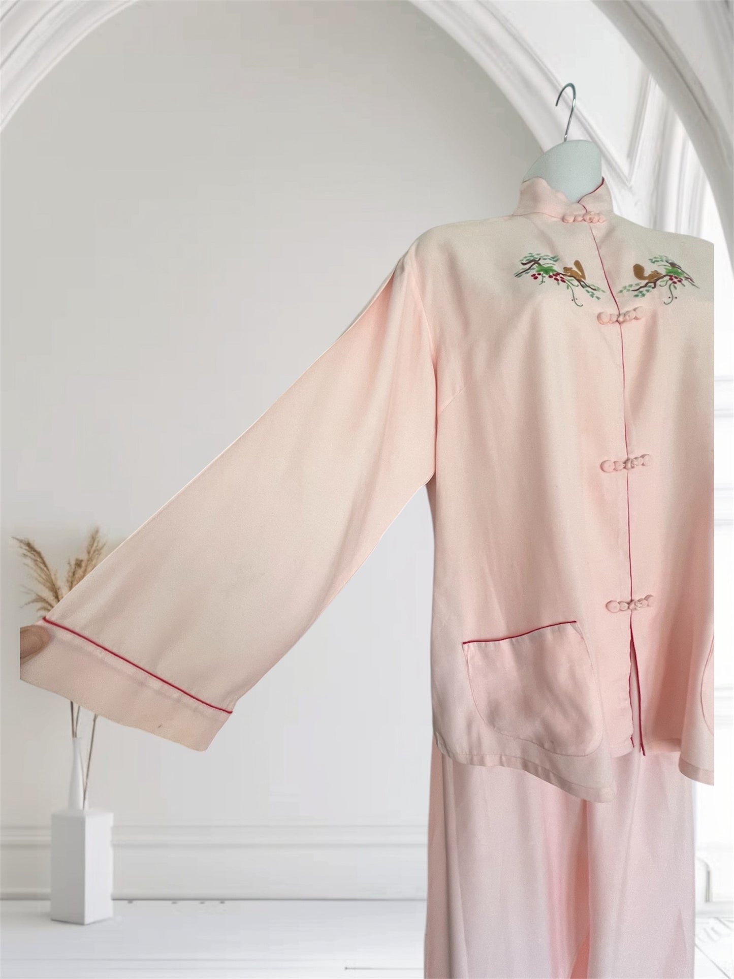 SOLD! 1940's 1950's Rare Vintage Soft Pink Embroidered Silky Lounging PJ's