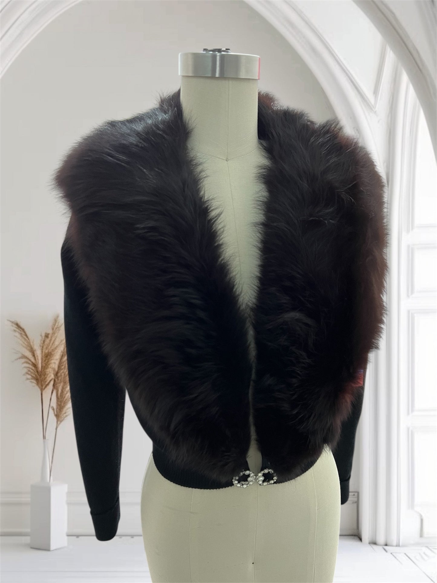 SOLD! 1950 Vintage Deep Black Soft Waist Length Sweater with Full Fox Fur Collar