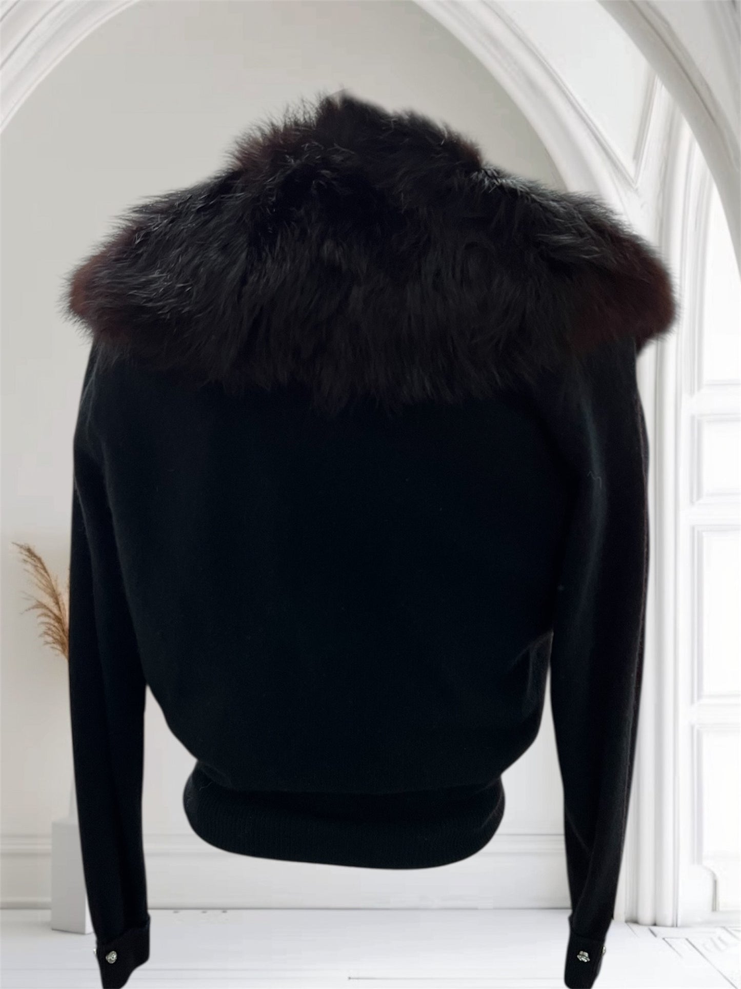 SOLD! 1950 Vintage Deep Black Soft Waist Length Sweater with Full Fox Fur Collar