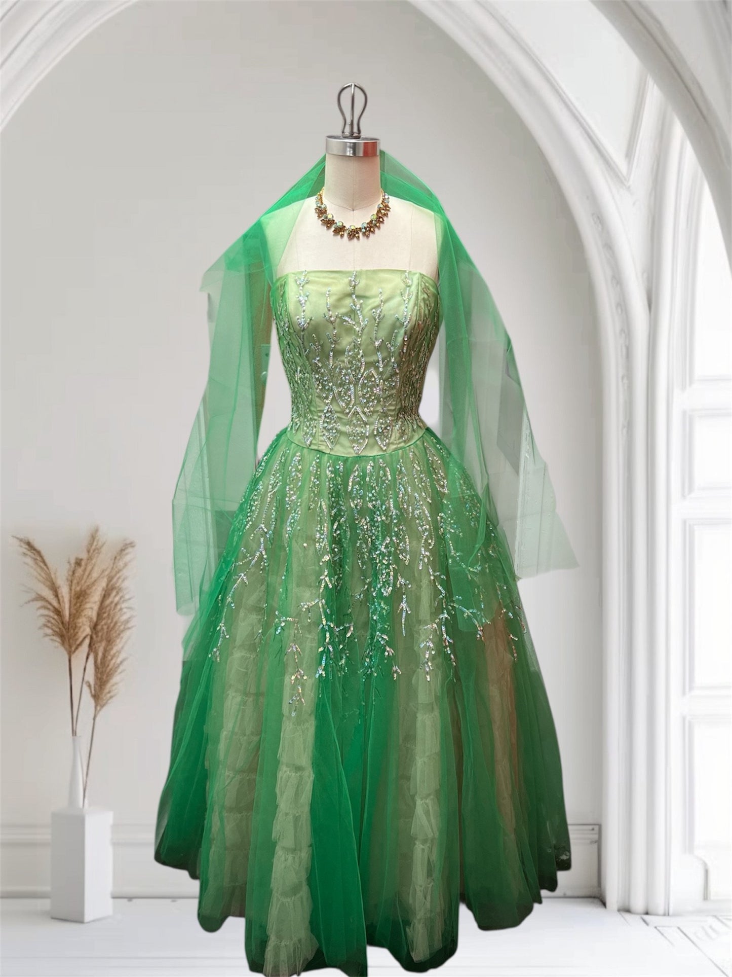 SOLD! 1940 1950 Vintage Bright Lime Green Tulle Party Prom Evening Gown Cup Cake