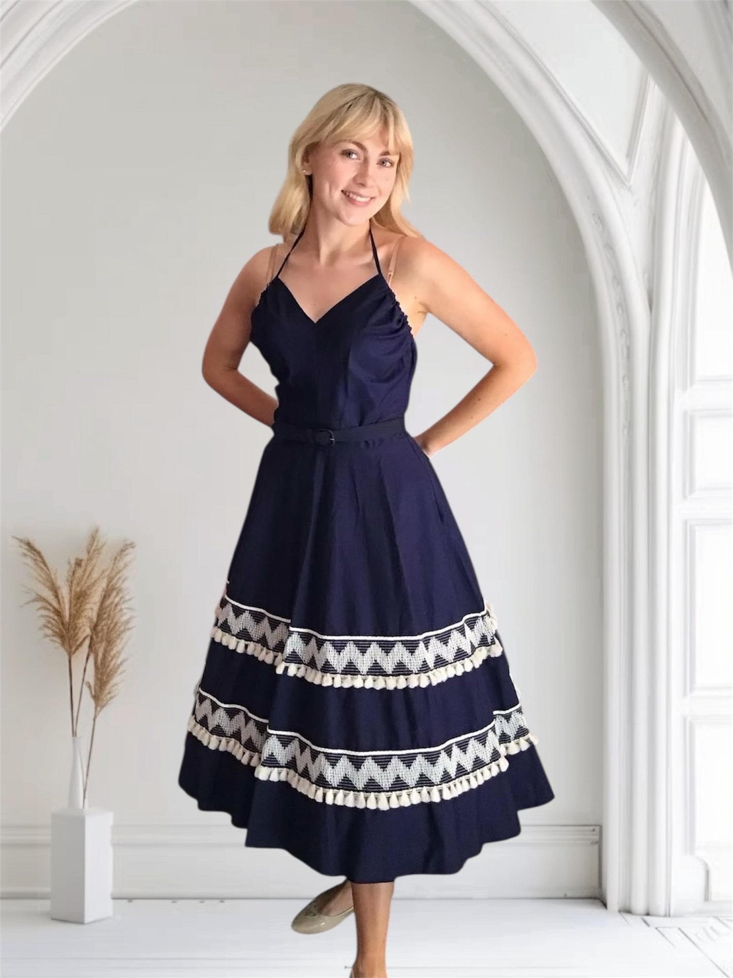1950's Vintage Royal Blue Justin McCarty Cotton Halter Sun Dress Full Skirt Matching Shawl
