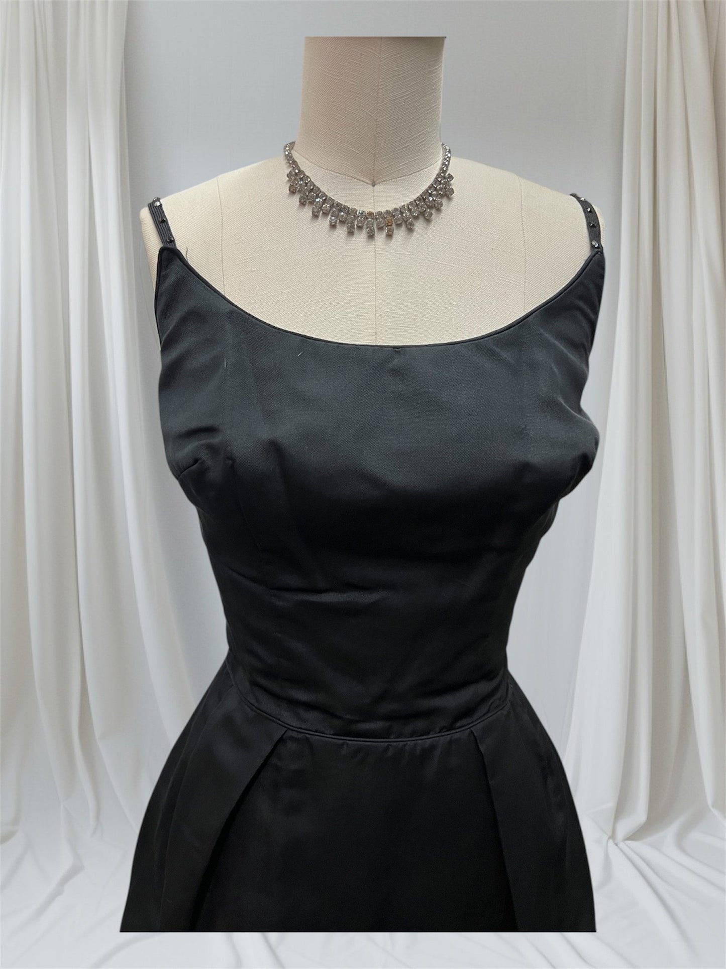 JUST ARRIVED! 1950's Vintage Black Matte Satin Cocktail Wiggle Dress With Rhinestone Accents