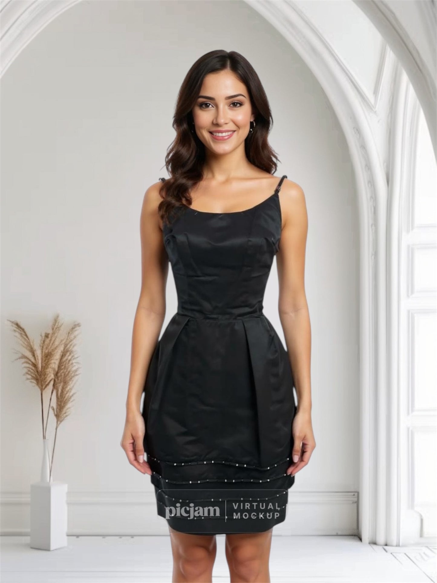 JUST ARRIVED! 1950's Vintage Black Matte Satin Cocktail Wiggle Dress With Rhinestone Accents