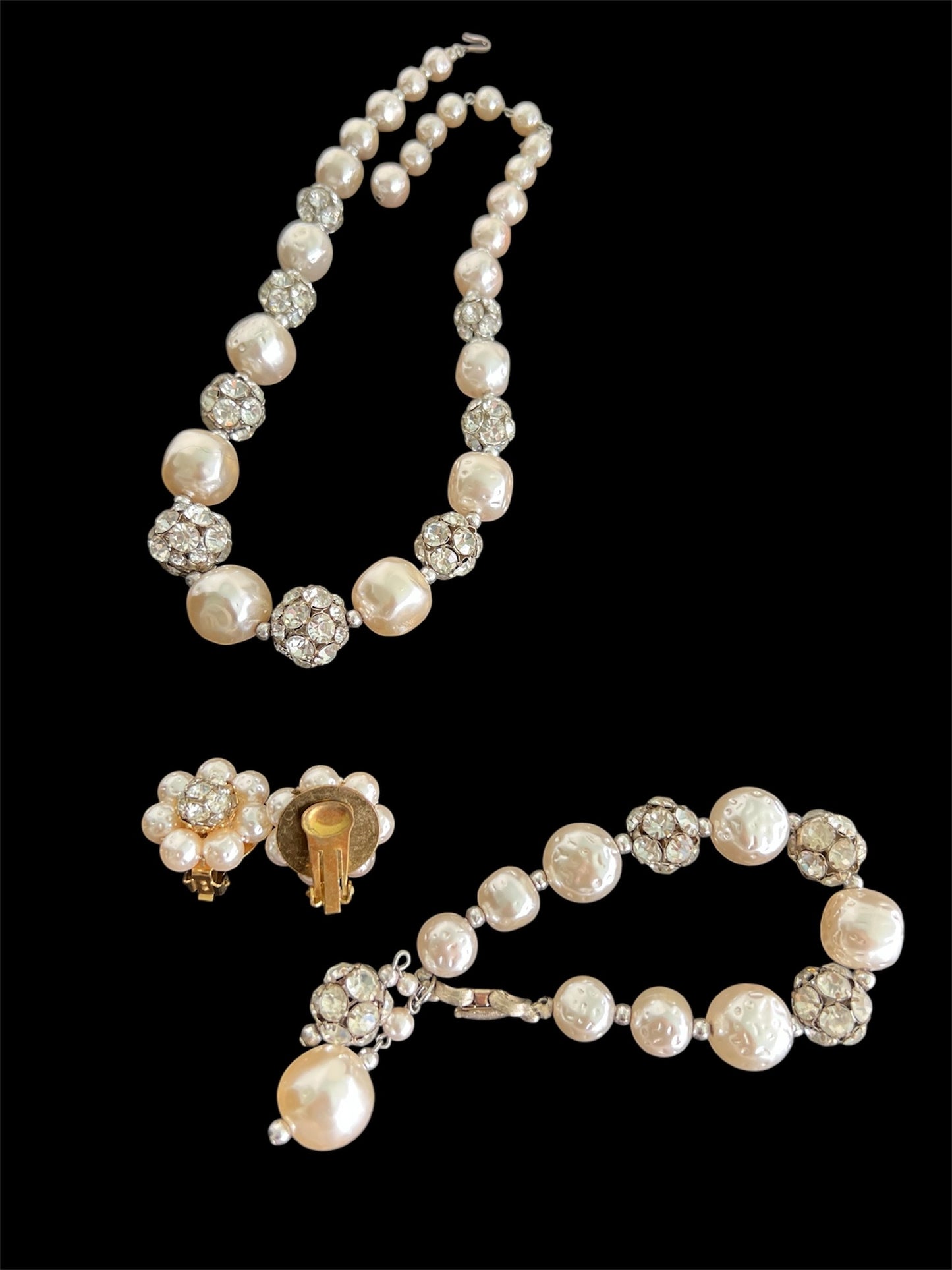 1950 Vintage Rare Louis Rousselet Faux Pearls & Rhinestone Demi Parure Set Necklace Bracelet Earrings Gorgeous Beautiful Perfect
