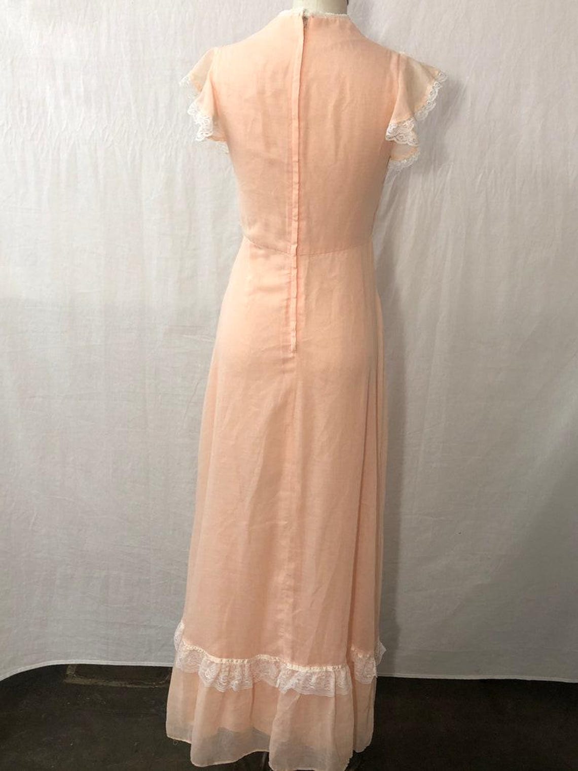 1970's Gunne Sax Style Soft Peachy Batiste Cotton Butterfly sleeves with Creamy White Lace Dress
