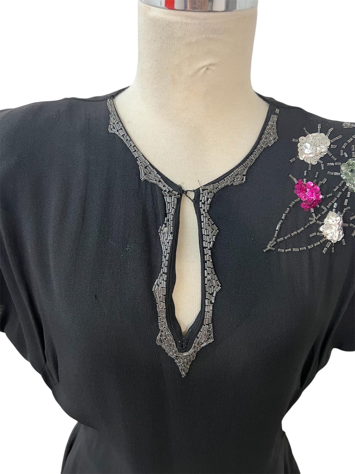 1940s Vintage Black Crepe Evening Dress with Beading & Floral Design Sequins at Shoulder