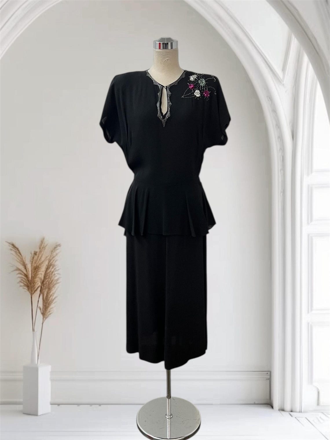 1940s style evening dresses Vintage Black Crepe Dress with Beading & Floral Design S – Vintage Blue Moon The Camisole style neckline Size:12T MATERIAL:Knit Viscose Miss Selfridge - Pinafore