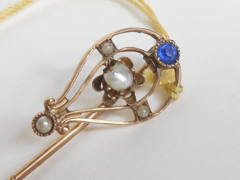 SOLD! VTG 1920 1930 Art Deco Antique 14K Gold Stick Pin Lapel Pin Seed Pearls Sapphire