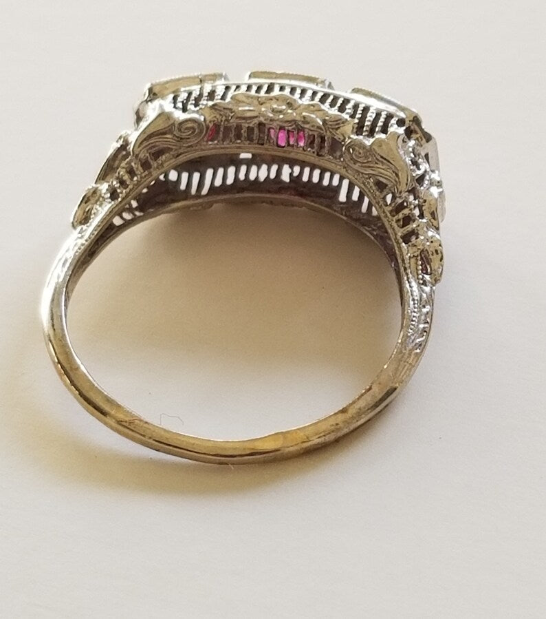 Antique Victorian Estate 1800's 1900's 14k Gold Three Rubies Filigree Ring