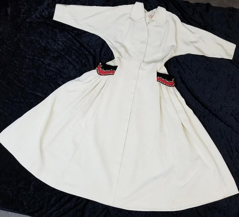 Gorgeous 1950's Hostess Dress Full Circle Skirt Velvet Trim Glamorous