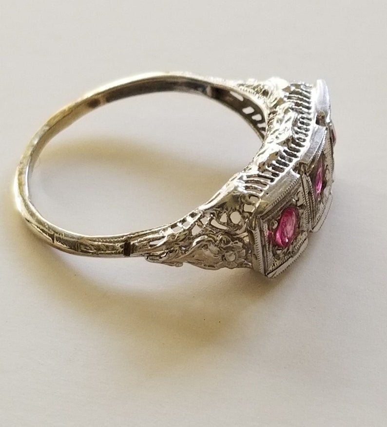 Antique Victorian Estate 1800's 1900's 14k Gold Three Rubies Filigree Ring