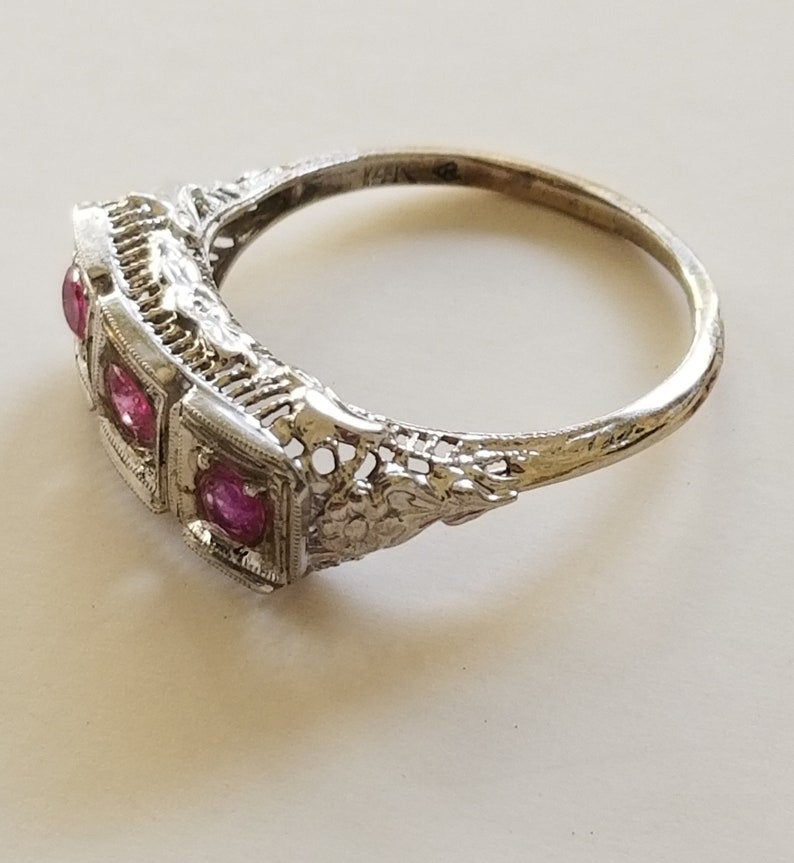 Antique Victorian Estate 1800's 1900's 14k Gold Three Rubies Filigree Ring