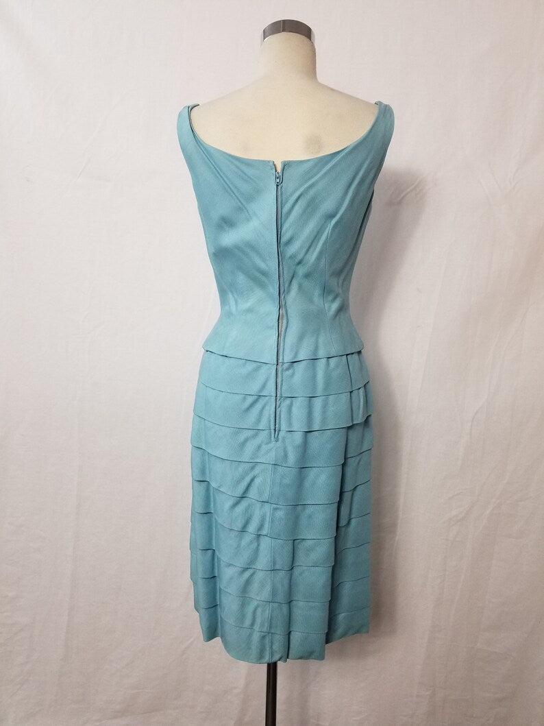 1950 Vintage Louis Feraud Teal Blue Linen Cocktail Wiggle Dress Gorgeous