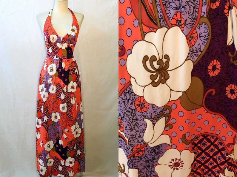 1960s 1970's Vintage Silky Jersey Fabulous Floral Summer Halter Maxi Dress