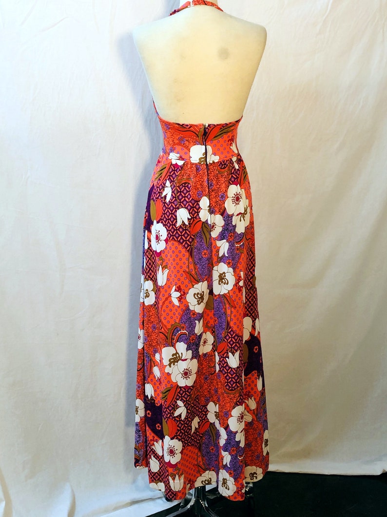 1960s 1970's Vintage Silky Jersey Fabulous Floral Summer Halter Maxi Dress
