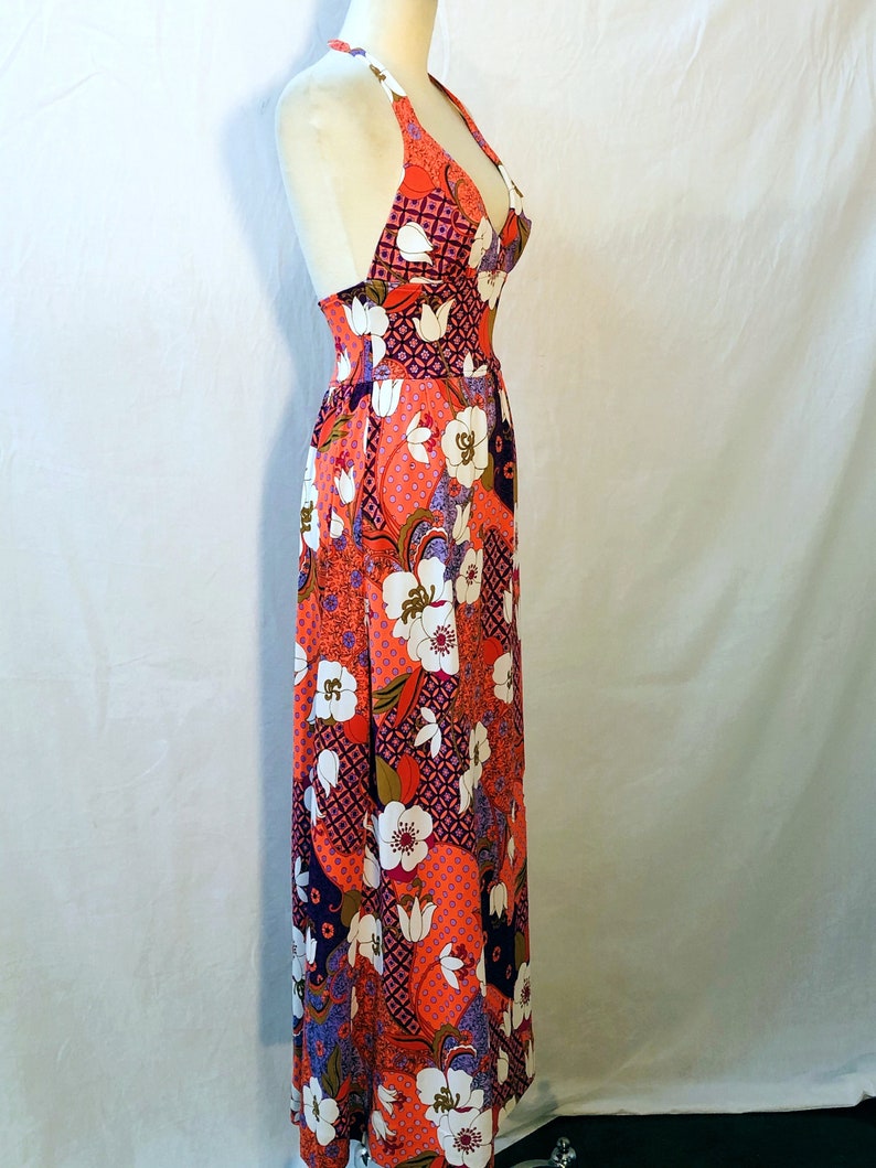 1960s 1970's Vintage Silky Jersey Fabulous Floral Summer Halter Maxi Dress