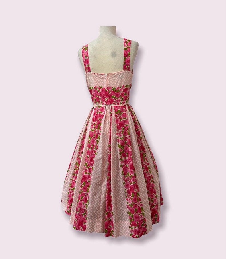 1950's Vintage Wide Strap Shelf Bust Summer Dress With Pink Morning Glory Print
