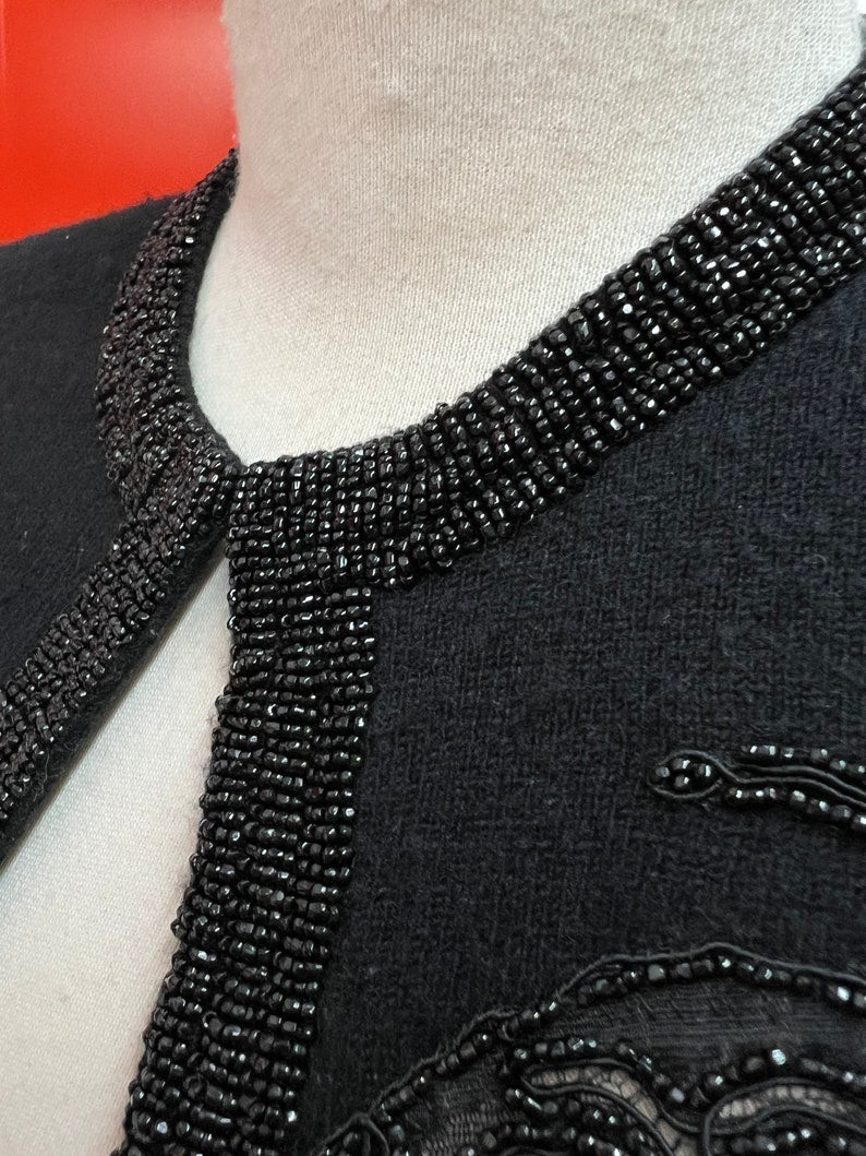 SOLD 1950 Vintage Black Beaded Soft Sweater with Butterfly Lace Cutouts Perfect